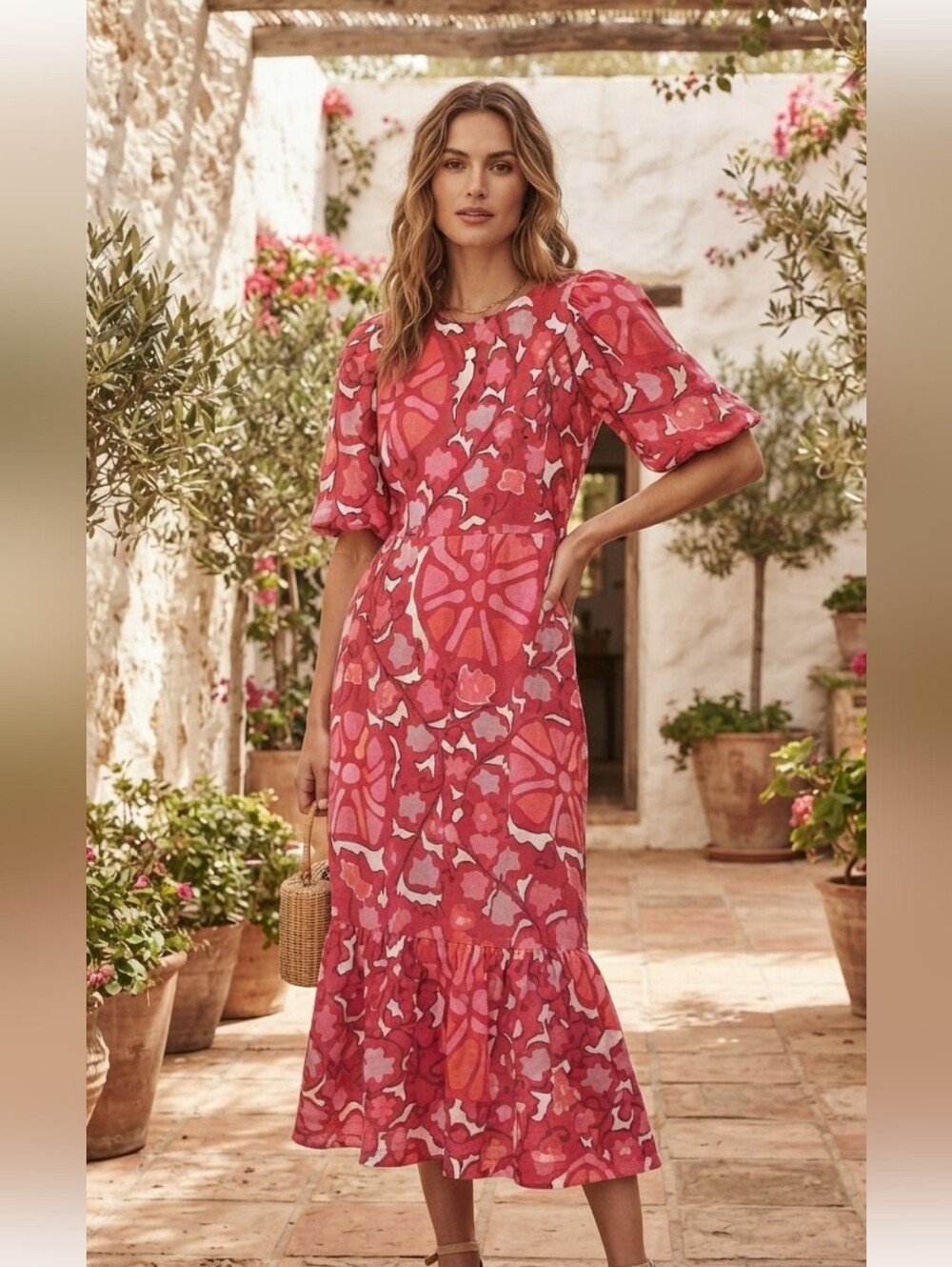 RHODE Pink and Red Floral Midi Dress